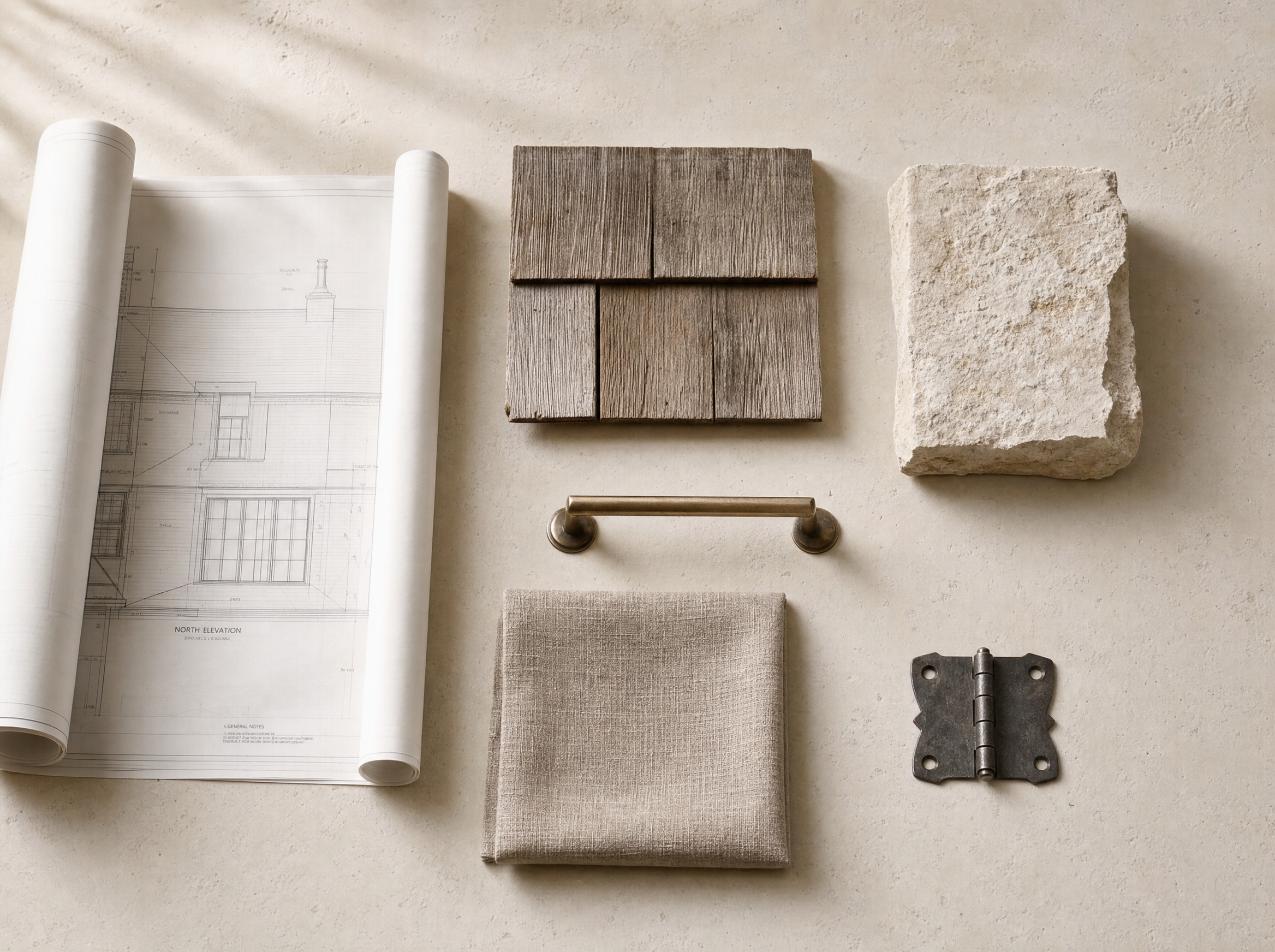Architectural drawings, stone tile sample, cedar shingle, brass cabinet pull on a limestone surface
