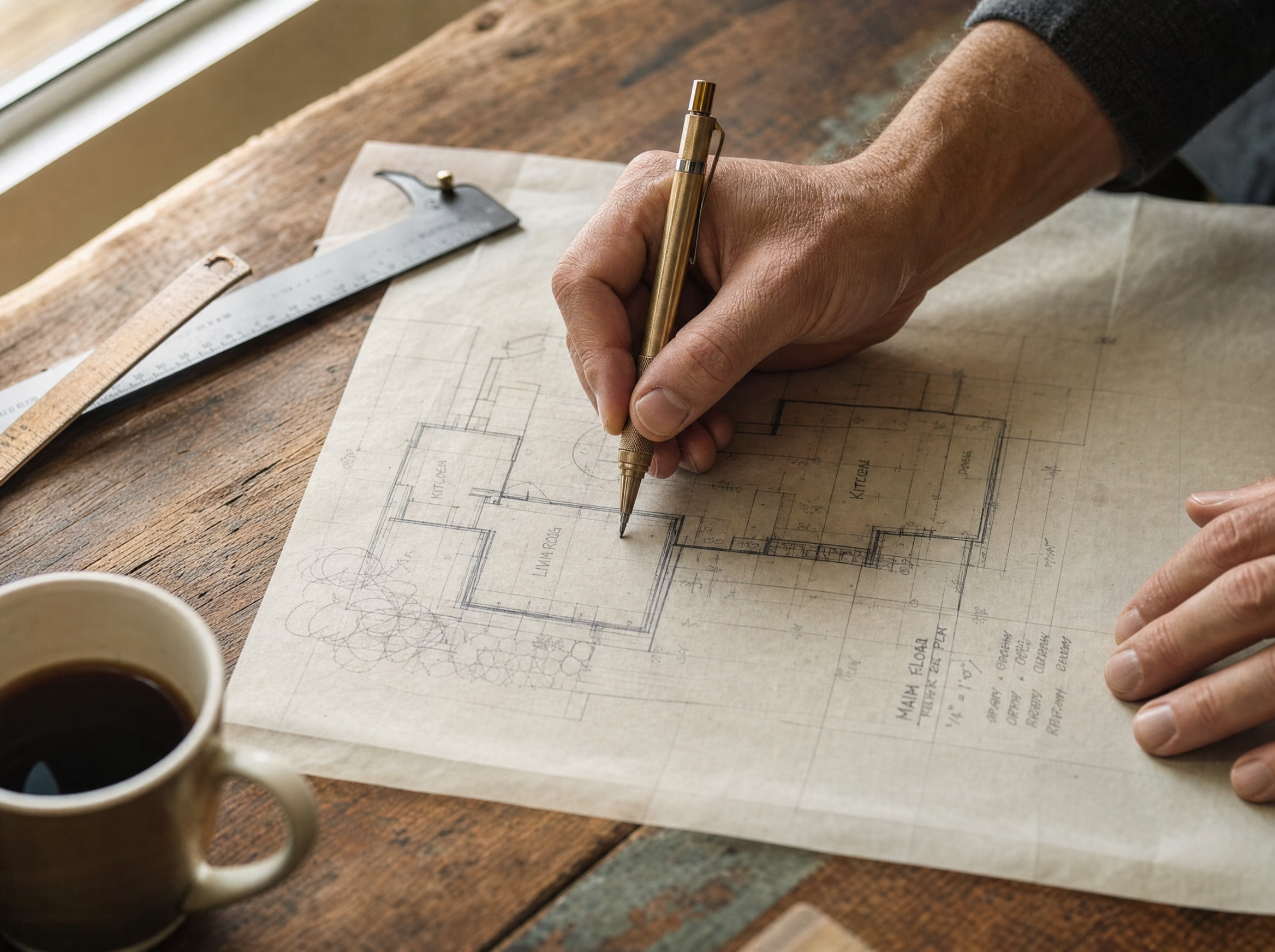 Architect's hand sketching a floor plan