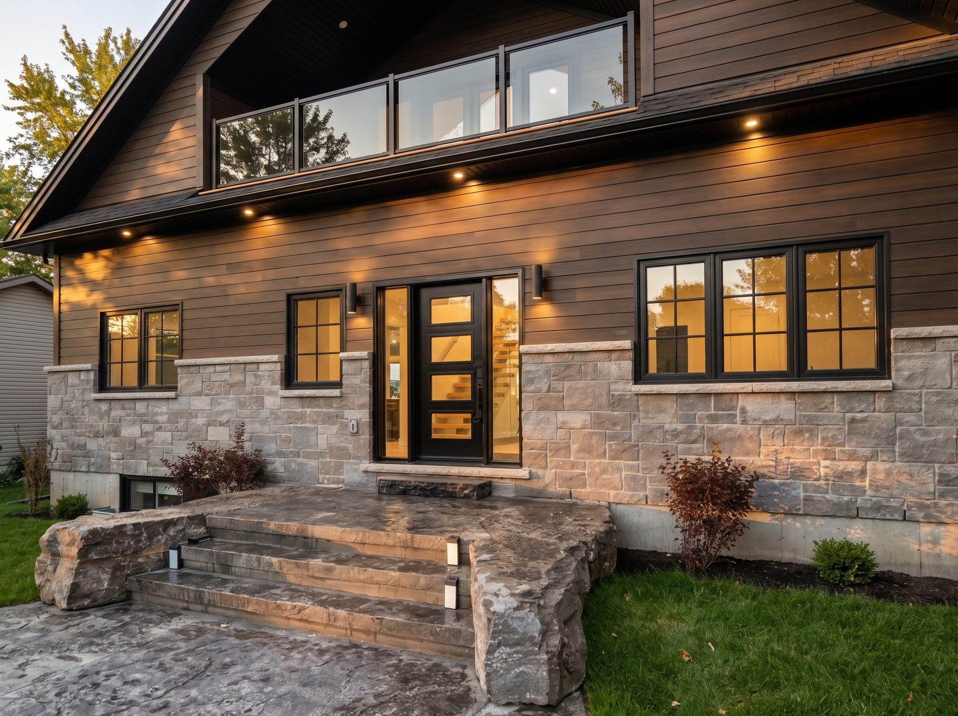 Front entry at dusk — stone, glass, and warm lighting on a Nicholson Bros build