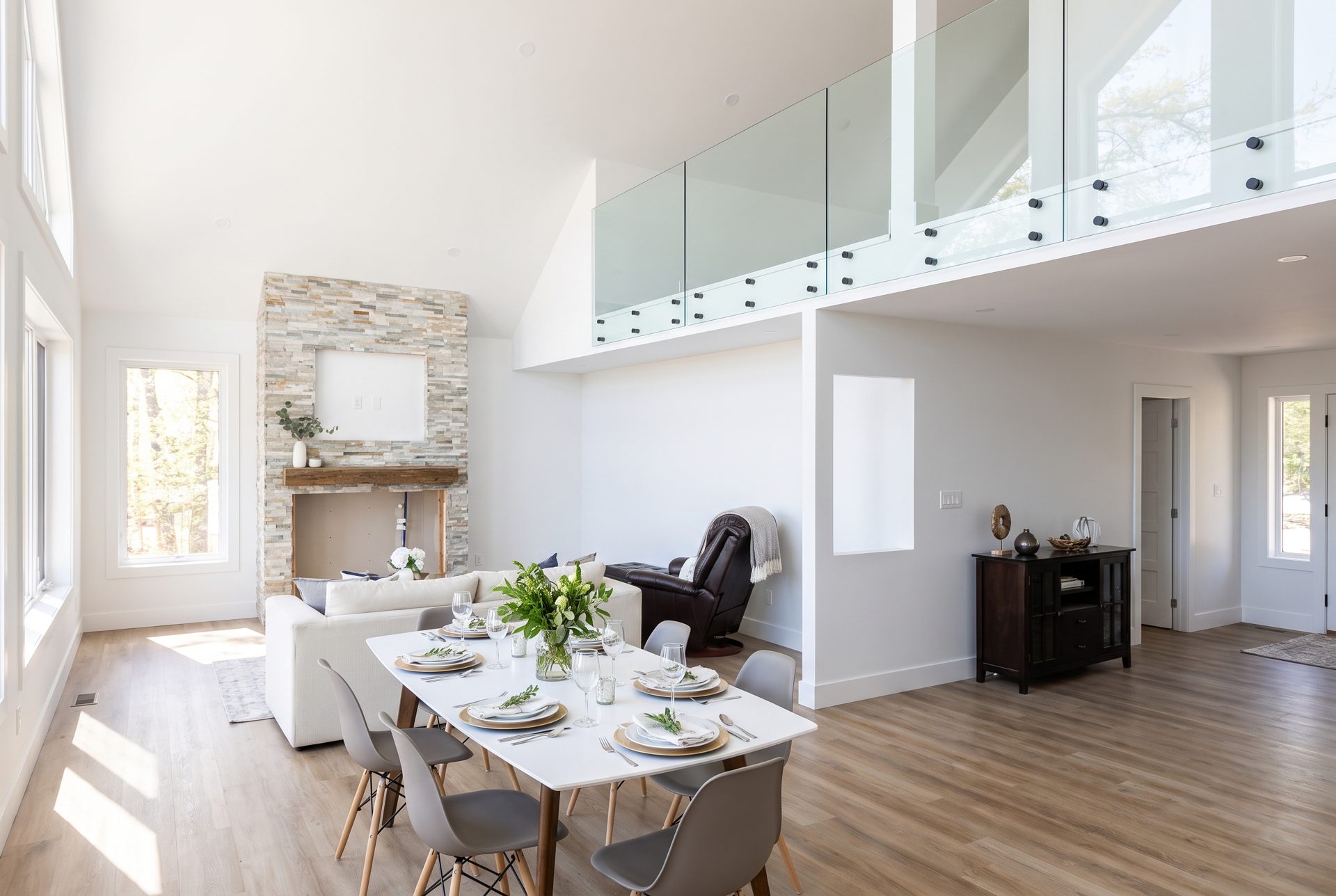 Great room — dining and lounge under the loft